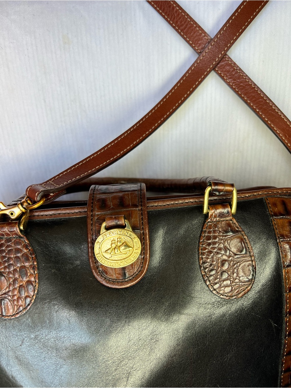 Vintage Brahmin Tuscan Addison Satchel Bag Black & Croc Leather (Excellent) - Picture 3 of 16